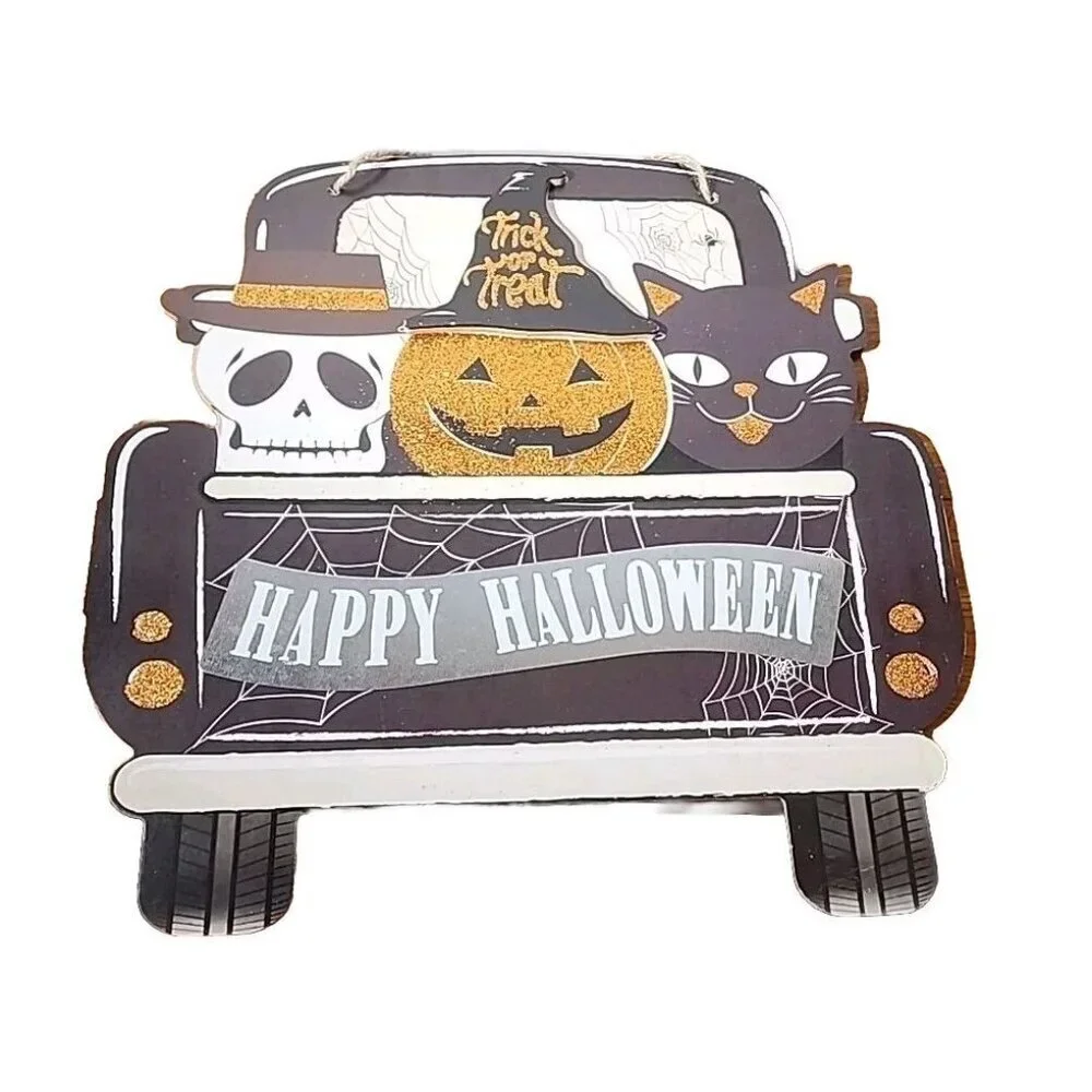 Halloween Truck Pumpkin Skull Cat Glitter Hanging Wall Door Sign Décor 11x11